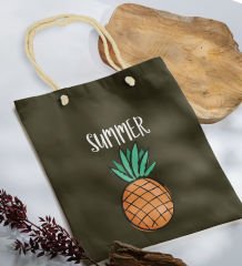 BK Gift Yaz Temalı Haki Halat Saplı Kumaş Plaj Çantası -4, Baskılı Omuz Çantası, Alışveriş Çantası, Arkadaşa Hediye, Sevgiliye Hediye