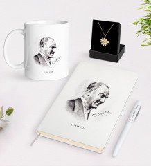 Kişiye Özel Atatürk Temalı Beyaz Kupa Defter Kalem ve İsimli Papatya Kolye Hediye Seti-10