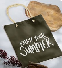 BK Gift Yaz Temalı Haki Halat Saplı Kumaş Plaj Çantası -6, Baskılı Omuz Çantası, Alışveriş Çantası, Arkadaşa Hediye, Sevgiliye Hediye