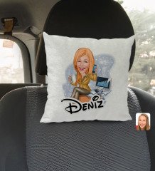 Kişiye Özel İsimli Kadın Muhasebeci Karikatürlü Kare Araç Koltuk Yastığı-1