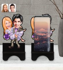 Kişiye Özel Sevgililer Karikatürlü Ahşap Biblo Telefon Standı-56