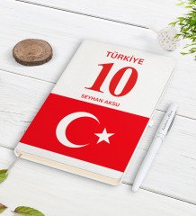 Kişiye Özel Türk Bayraklı İsimli Forma Numaralı Beyaz Defter Kalem Seti-1