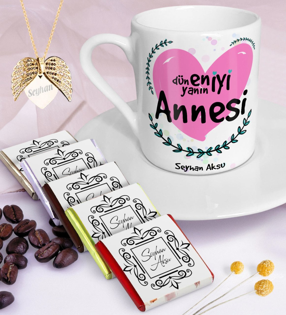 Kişiye Özel En İyi Anne Kahve Fincanı Çikolata Melek Kanadı Kolye Seti-11