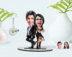 Kişiye Özel Sevgililer Karikatürlü 3D Ahşap Biblo ve İsimli Silver Papatya Anahtarlık-6
