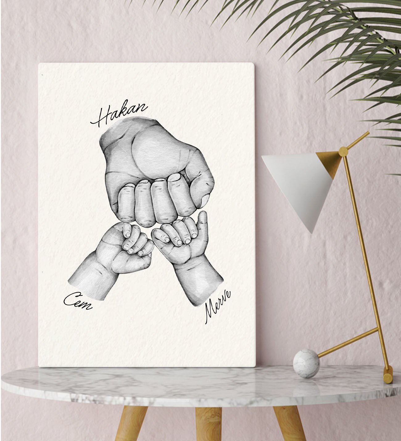BK Gift Kişiye Özel Baba ve Çocuklar El Tasarımlı Siyah Beyaz Kanvas Tablo-2 30x50, Babaya Hediye, Yeni Doğum Hediyesi