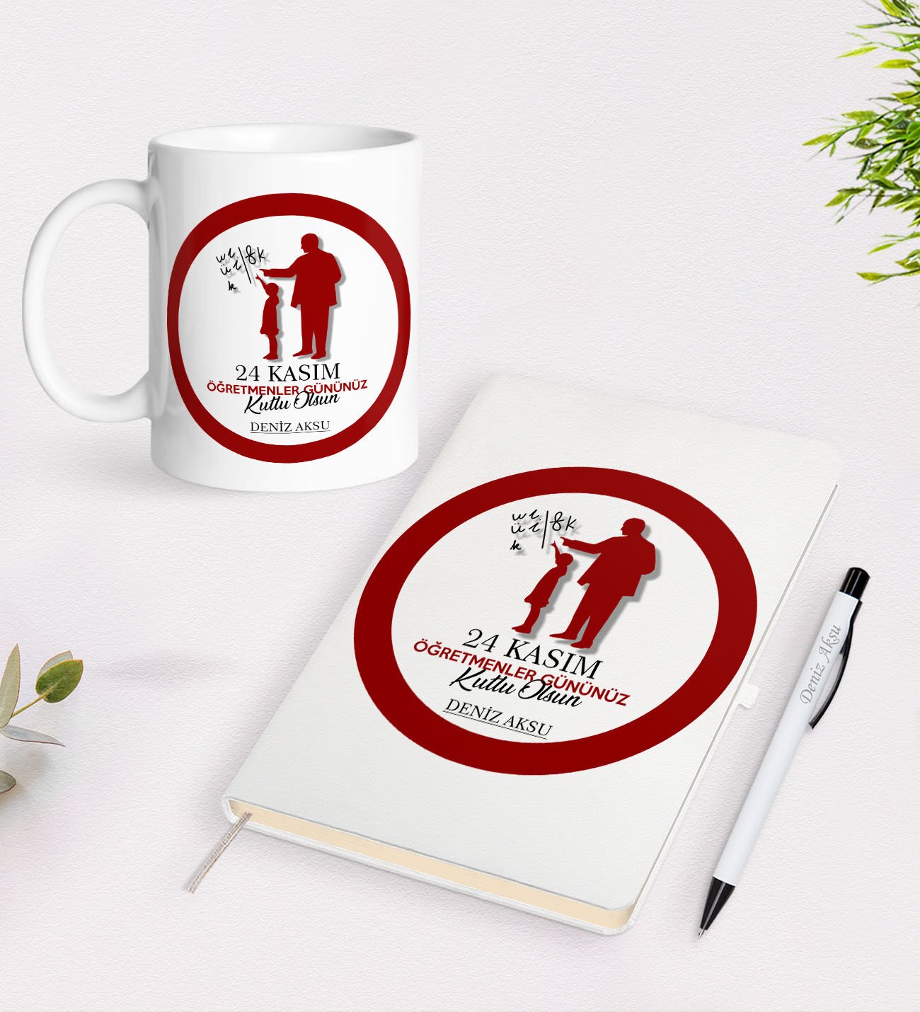 BK Gift Kişiye Özel İsimli Öğretmenler Günü Tasarımlı Defter Kalem Kupa Hediye Seti - 10, Öğretmene Hediye, Öğretmenler Günü