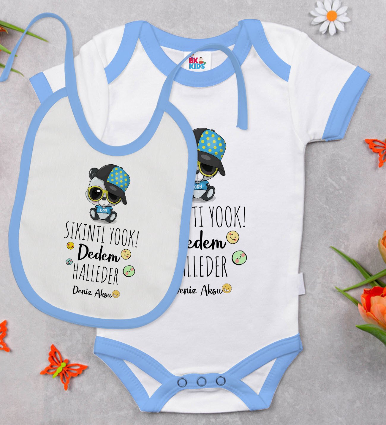 BK Kids Kişiye Özel Sıkıntı Yok Dedem Halleder Tasarımlı Mavi Bebek Body Zıbın ve Mama Önlüğü Hediye Seti