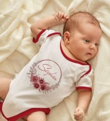BK Kids Kişiye Özel Çiçek Tasarımlı Kırmızı Bebek Body Zıbın-1