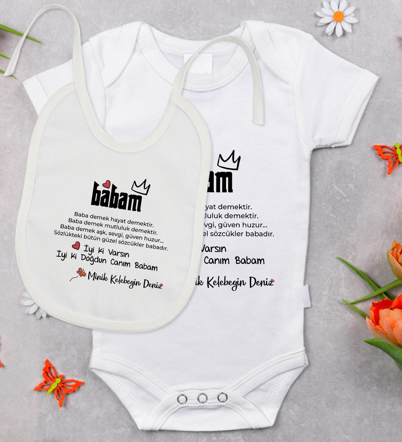 BK Kids Kişiye Özel İyi Ki Doğdun Canım Babam Tasarımlı Bebek Body Zıbın ve Mama Önlüğü Hediye Seti - Model 1
