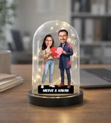 BK Gift Kişiye Özel Sevgiliye Karikatürlü Led Işıklı Cam Fanus Biblo -1, Romantik Hediye, Ev Hediyesi, Sevgiliye Hediye
