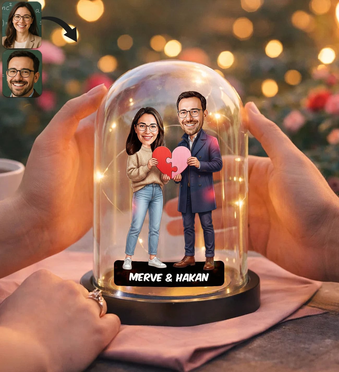 BK Gift Kişiye Özel Sevgiliye Karikatürlü Led Işıklı Cam Fanus Biblo -1, Romantik Hediye, Ev Hediyesi, Sevgiliye Hediye