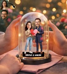 BK Gift Kişiye Özel Sevgiliye Karikatürlü Led Işıklı Cam Fanus Biblo -1, Romantik Hediye, Ev Hediyesi, Sevgiliye Hediye