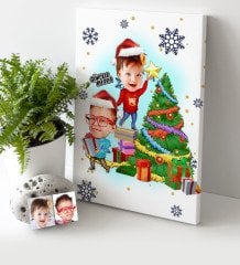 Kişiye Özel Yılbaşı Temalı Kardeşler Karikatürlü Kanvas Tablo (30 x 50 cm.) - 1
