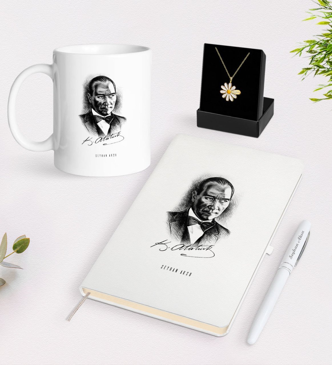 Kişiye Özel Atatürk Temalı Beyaz Kupa Defter Kalem ve İsimli Papatya Kolye Hediye Seti-14