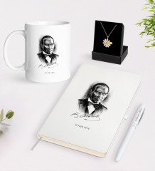Kişiye Özel Atatürk Temalı Beyaz Kupa Defter Kalem ve İsimli Papatya Kolye Hediye Seti-14