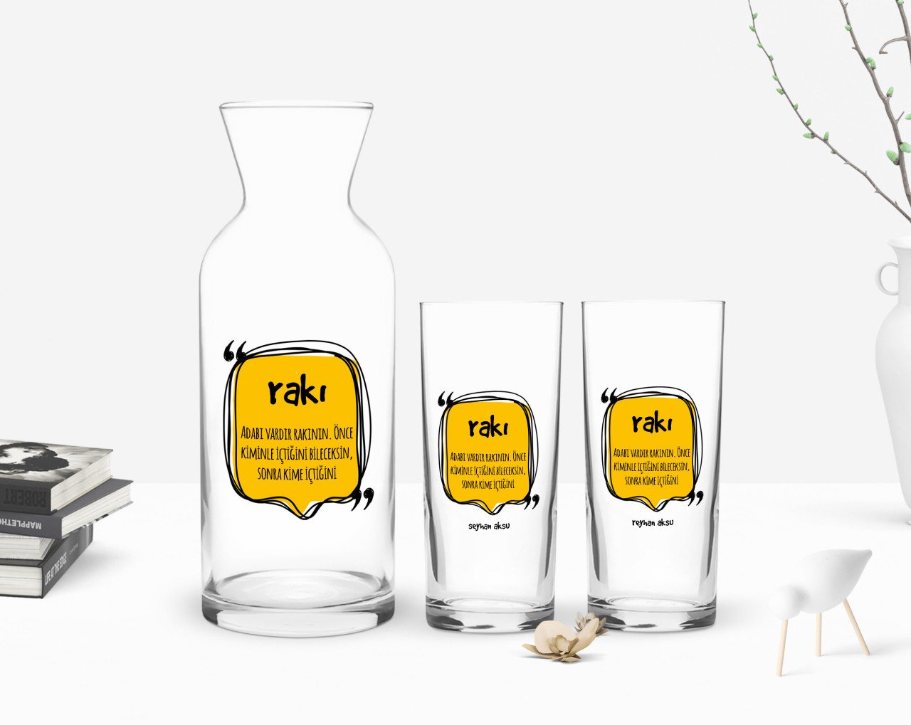 Kişiye Özel Renkli Baskılı Adabı Vardır Rakının Tasarımlı İkili Rakı Bardağı ve Karaf Hediye Seti-1