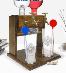 Kişiye Özel Renkli Baskılı İsimli İkili Vodka Bardağı ve Çift Musluklu Doğal Ahşap Vodka Standı-104