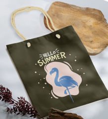 BK Gift Yaz Temalı Haki Halat Saplı Kumaş Plaj Çantası -7, Baskılı Omuz Çantası, Alışveriş Çantası, Arkadaşa Hediye, Sevgiliye Hediye