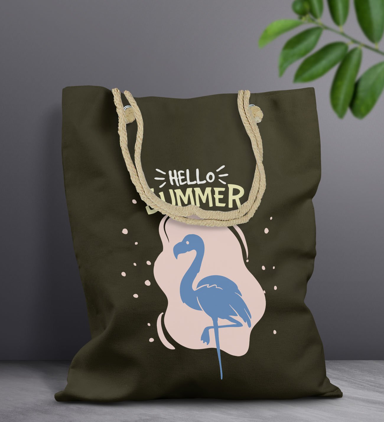 BK Gift Yaz Temalı Haki Halat Saplı Kumaş Plaj Çantası -7, Baskılı Omuz Çantası, Alışveriş Çantası, Arkadaşa Hediye, Sevgiliye Hediye