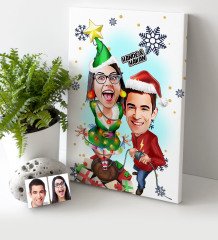 Kişiye Özel Yılbaşı Temalı Sevgililer Karikatürlü Kanvas Tablo (30 x 50 cm.) - 1