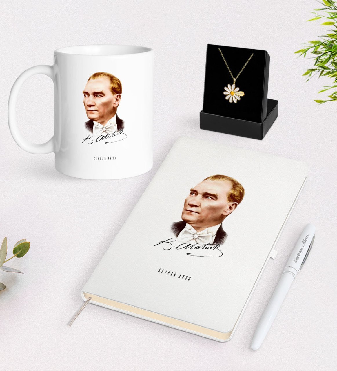 Kişiye Özel Atatürk Temalı Beyaz Kupa Defter Kalem ve İsimli Papatya Kolye Hediye Seti-15