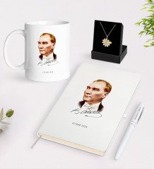 Kişiye Özel Atatürk Temalı Beyaz Kupa Defter Kalem ve İsimli Papatya Kolye Hediye Seti-15