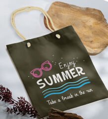 BK Gift Yaz Temalı Haki Halat Saplı Kumaş Plaj Çantası -8, Baskılı Omuz Çantası, Alışveriş Çantası, Arkadaşa Hediye, Sevgiliye Hediye