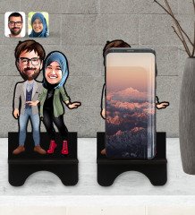 Kişiye Özel Sevgililer Karikatürlü Ahşap Biblo Telefon Standı-60
