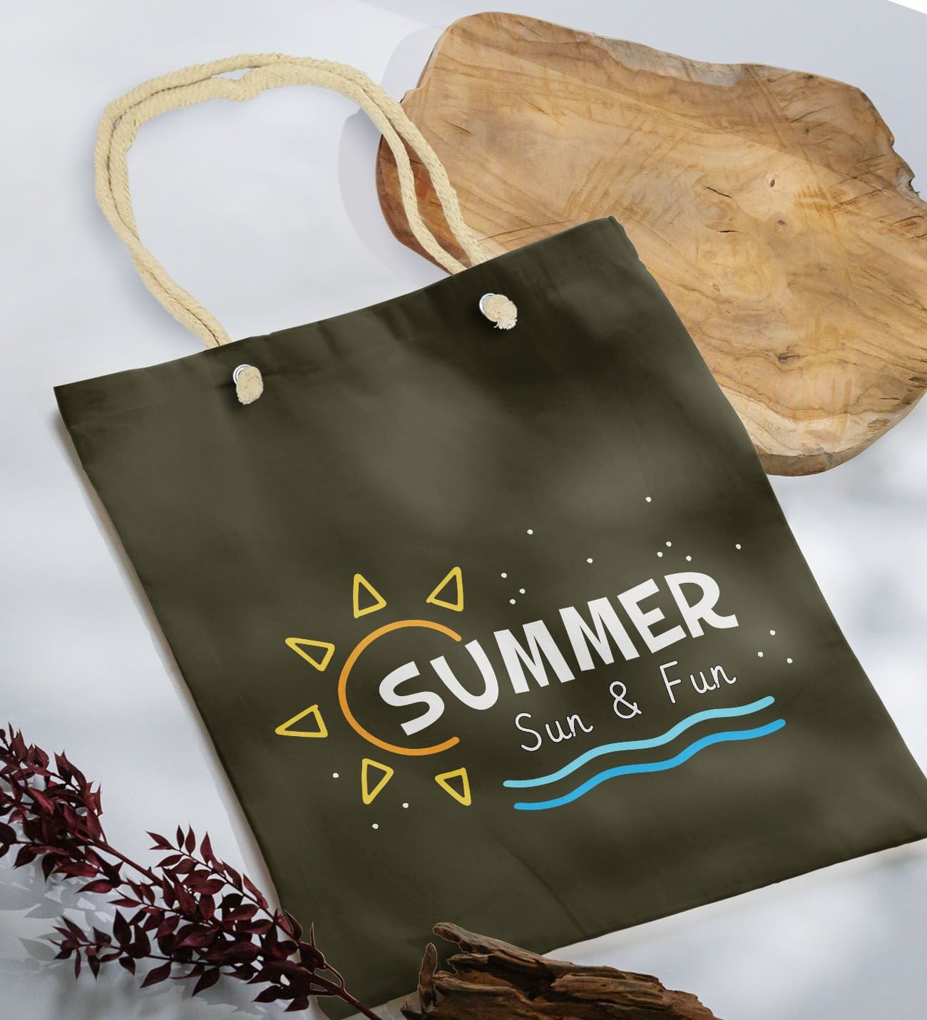 BK Gift Yaz Temalı Haki Halat Saplı Kumaş Plaj Çantası -9, Baskılı Omuz Çantası, Alışveriş Çantası, Arkadaşa Hediye, Sevgiliye Hediye