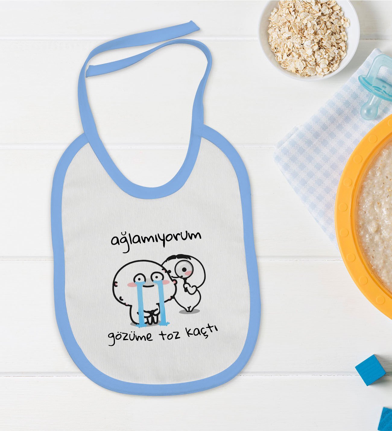 BK Kids Gözüme Toz Kaçtı Tasarımlı Mavi Bebek Mama Önlüğü-1