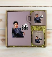BK Gift Kişiye Özel DTF The Baba Karikatürlü Mat Gri Defter & Kahve Fincanı & Mum Hediye Seti-1, Babaya Hediye, Babalar Günü Hediyeleri