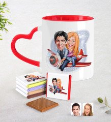 Kişiye Özel Sevgililer Karikatürlü Kırmızı Kalpli Kupa ve Çikolata Seti-11