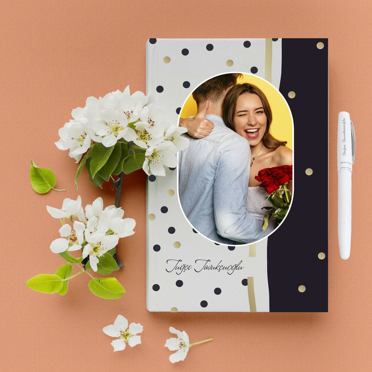 Kişiye Özel Hediye Fotoğraflı Çerçeveli Puantiyeli Defter Kalem Seti