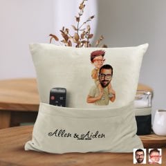BK Gift Kişiye Özel Baba Oğul Karikatür Tasarımlı Organizer Kumanda ve Atıştırmalık Cepli Sarı Kırlent Yastık-20 Arkadaşa Hediye, Cepli Yastık