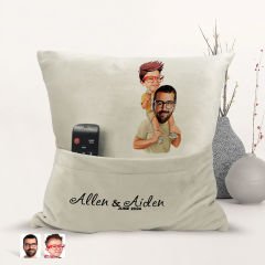 BK Gift Kişiye Özel Baba Oğul Karikatür Tasarımlı Organizer Kumanda ve Atıştırmalık Cepli Sarı Kırlent Yastık-20 Arkadaşa Hediye, Cepli Yastık