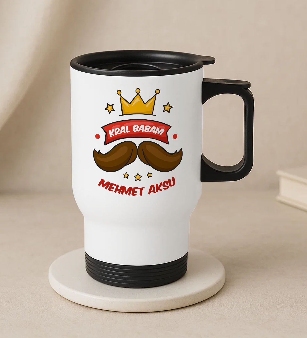 BK Gift Kişiye Özel Babalar Günü Tasarımlı Kulplu Beyaz Çelik Bardak Termos Mug 450ml-3, Babalar Günü Hediye, Babaya Hediye