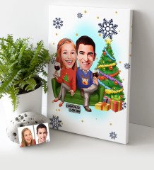 Kişiye Özel Yılbaşı Temalı Sevgililer Karikatürlü Kanvas Tablo (30 x 50 cm.) - 4