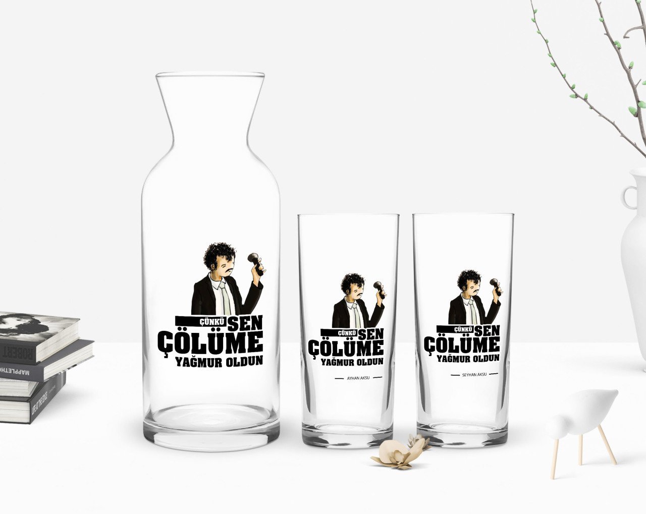 Kişiye Özel Renkli Baskılı Çünkü Sen Çölüme Yağmur Oldun Tasarımlı İkili Rakı Bardağı ve Karaf Hediye Seti-3