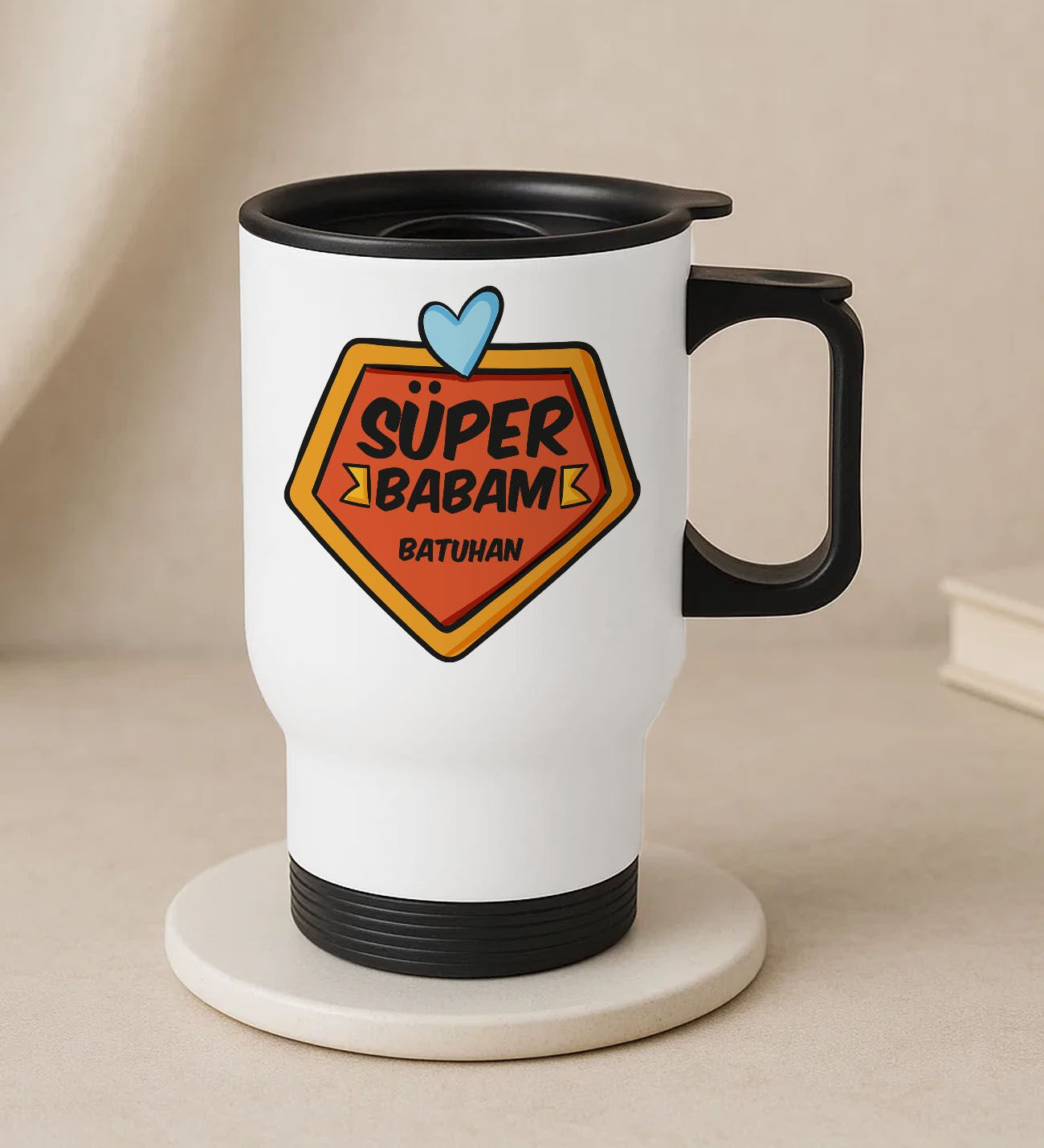 BK Gift Kişiye Özel Babalar Günü Tasarımlı Kulplu Beyaz Çelik Bardak Termos Mug 450ml-4, Babalar Günü Hediye, Babaya Hediye