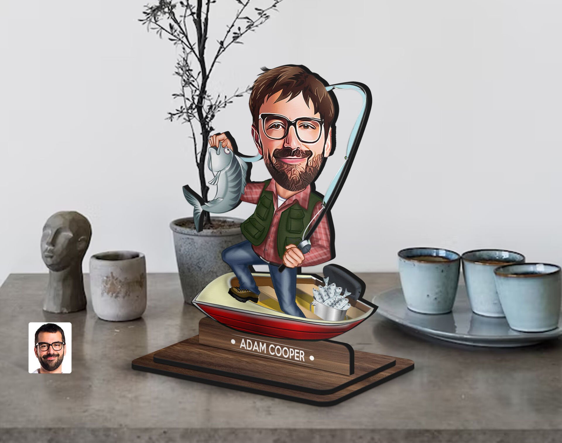 BK Gift Kişiye Özel Balıkçı Karikatürlü Ahşap Biblo-7 , Arkadaşa Hediye , Sevgiliye Hediye, Kişiye Özel Biblolar