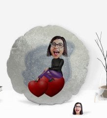 Kişiye Özel Kadın Karikatürlü Yuvarlak Dekoratif Kırlent Yastık-2
