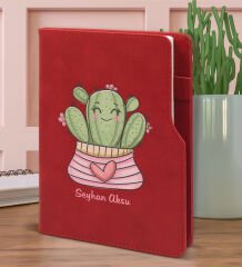 BK Gift Kişiye Özel Kaktüs Tasarımlı Kırmızı Termo Deri Not Defteri 15x21cm-2