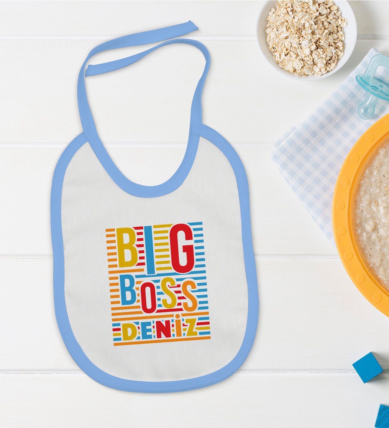 BK Kids Kişiye Özel Mavi Bebek Mama Önlüğü - Model 112
