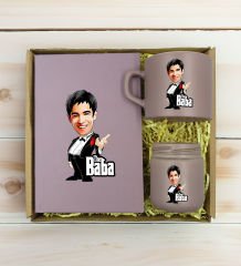 BK Gift Kişiye Özel DTF The Baba Karikatürlü Mat Gri Defter & Kahve Fincanı & Mum Hediye Seti-3, Babaya Hediye, Babalar Günü Hediyeleri