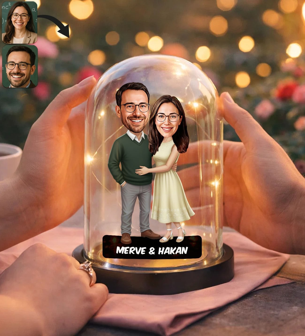 BK Gift Kişiye Özel Sevgiliye Karikatürlü Led Işıklı Cam Fanus Biblo -6, Romantik Hediye, Ev Hediyesi, Sevgiliye Hediye