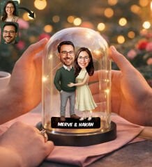 BK Gift Kişiye Özel Sevgiliye Karikatürlü Led Işıklı Cam Fanus Biblo -6, Romantik Hediye, Ev Hediyesi, Sevgiliye Hediye