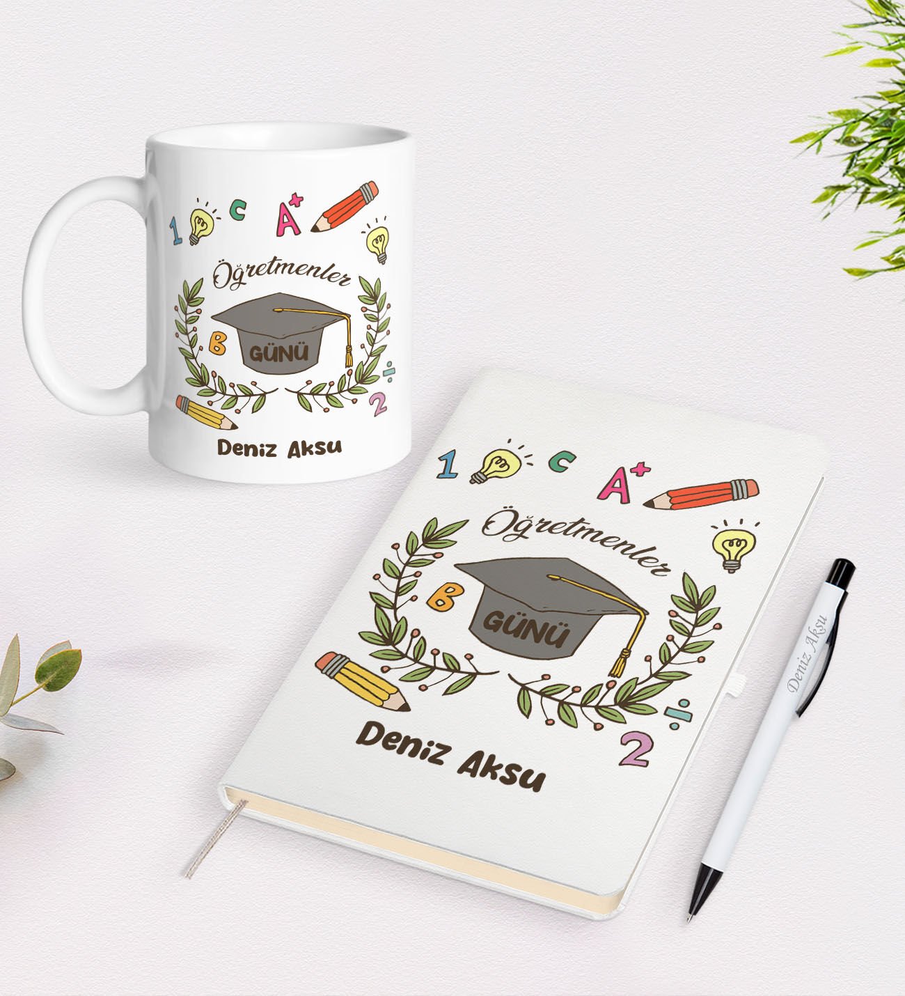 BK Gift Kişiye Özel İsimli Öğretmenler Günü Tasarımlı Defter Kalem Kupa Hediye Seti - 16, Öğretmene Hediye, Öğretmenler Günü