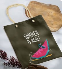 BK Gift Yaz Temalı Haki Halat Saplı Kumaş Plaj Çantası -10, Baskılı Omuz Çantası, Alışveriş Çantası, Arkadaşa Hediye, Sevgiliye Hediye