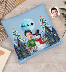 BK Gift Kişiye Özel Erkek Yeni Yıl Karikatürlü Beyaz Yastık-1