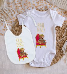 BK Kids Kişiye Özel Kral Tasarımlı Bebek Body Zıbın ve Mama Önlüğü Hediye Seti - Model 1